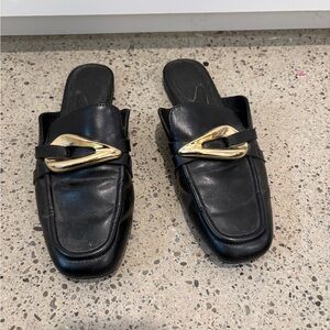Zara Black Leather Slip-On Mules with Sculpted Gold Accent